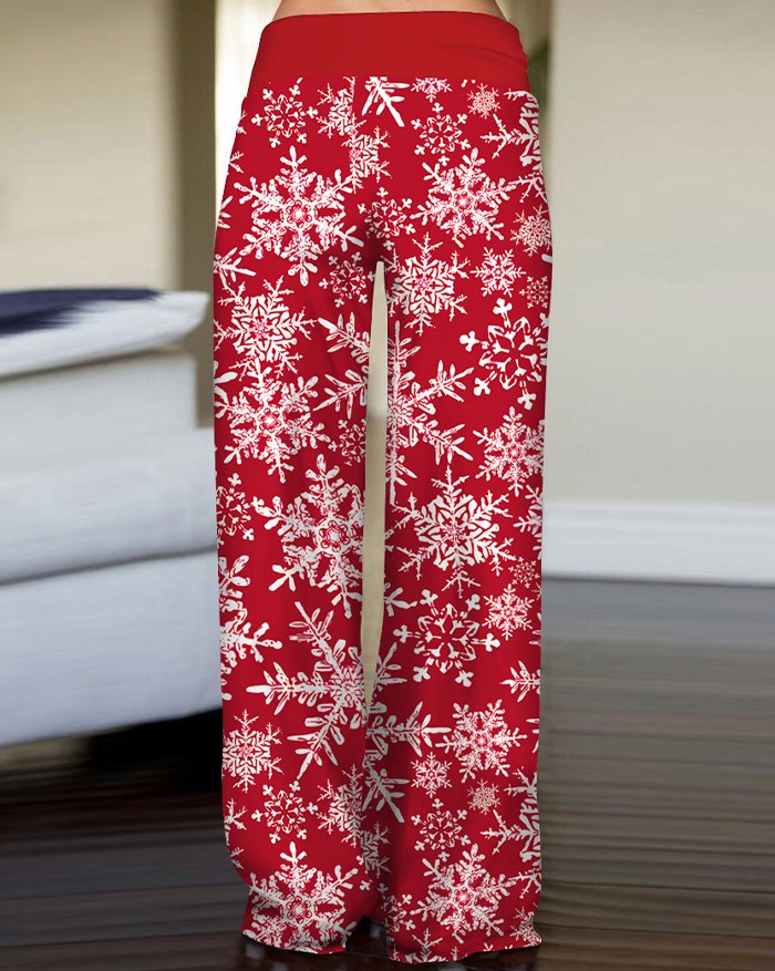 EMMIOL Pantalones anchos con estampado de copos de nieve navideños