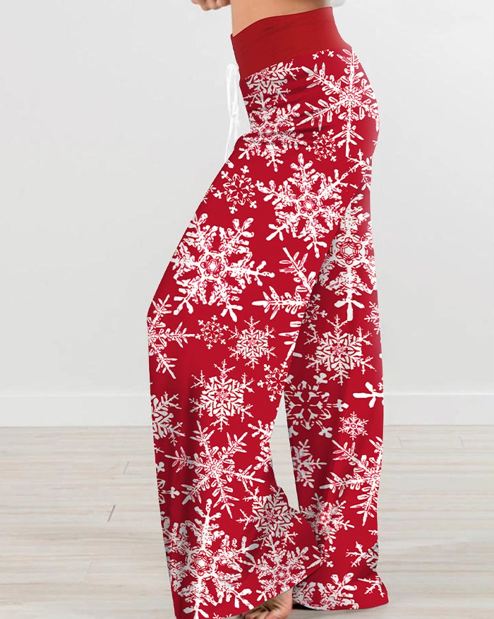 EMMIOL Pantalones anchos con estampado de copos de nieve navideños