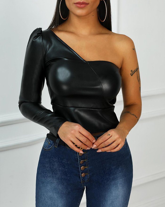 EMMIOL Blusa de cuero con manga abullonada de un hombro