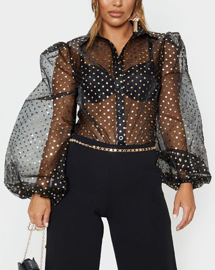 EMMIOL Poka Dot Mesh Sheer Blouse