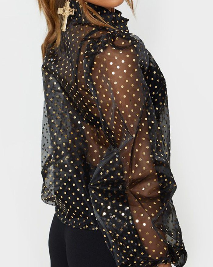 EMMIOL Poka Dot Mesh Sheer Blouse