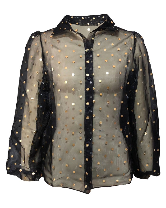 EMMIOL Poka Dot Mesh Sheer Blouse