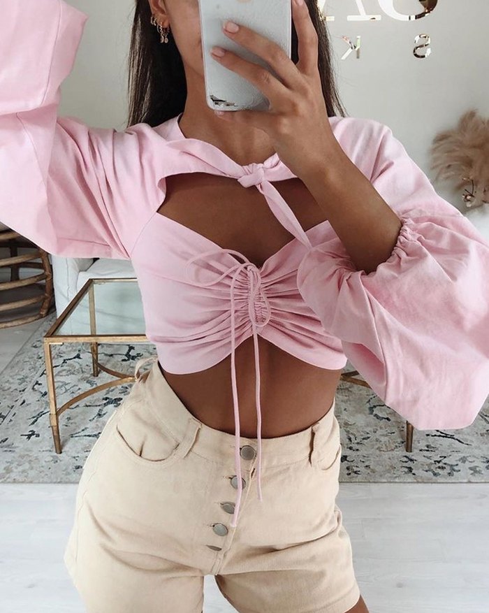 EMMIOL Blusa con manga abullonada y lazo