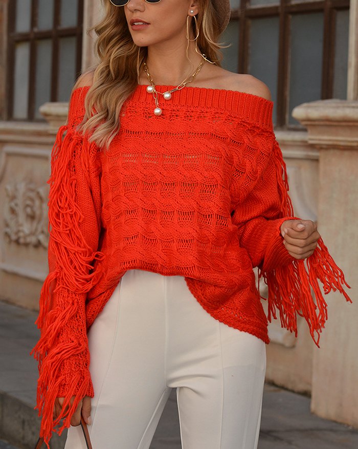EMMIOL Off Shoulder Hollow Out Tassel Sweater