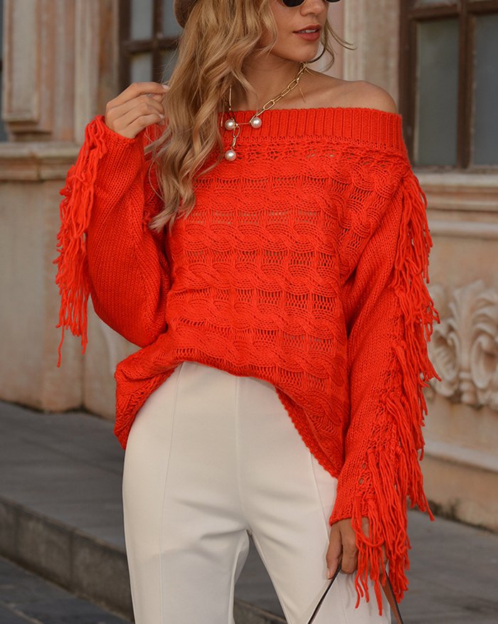EMMIOL Off Shoulder Hollow Out Tassel Sweater