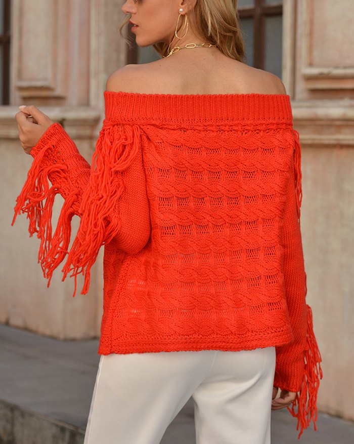 EMMIOL Off Shoulder Hollow Out Tassel Sweater