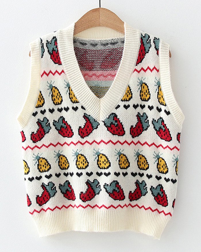 EMMIOL Chaleco estilo suéter con estampado de fresa vintage