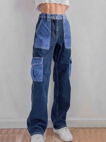 patchwork detachable high waist jeans