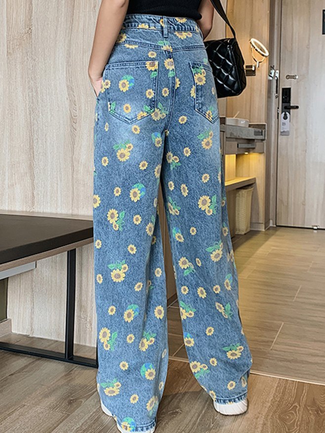 2020 Sunflower Print Wideleg Jeans Blue XL In Boyfriend Jeans Online