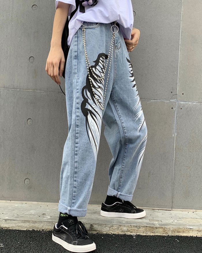 EMMIOL Cowboy Streetwear Wings Pattern Jeans