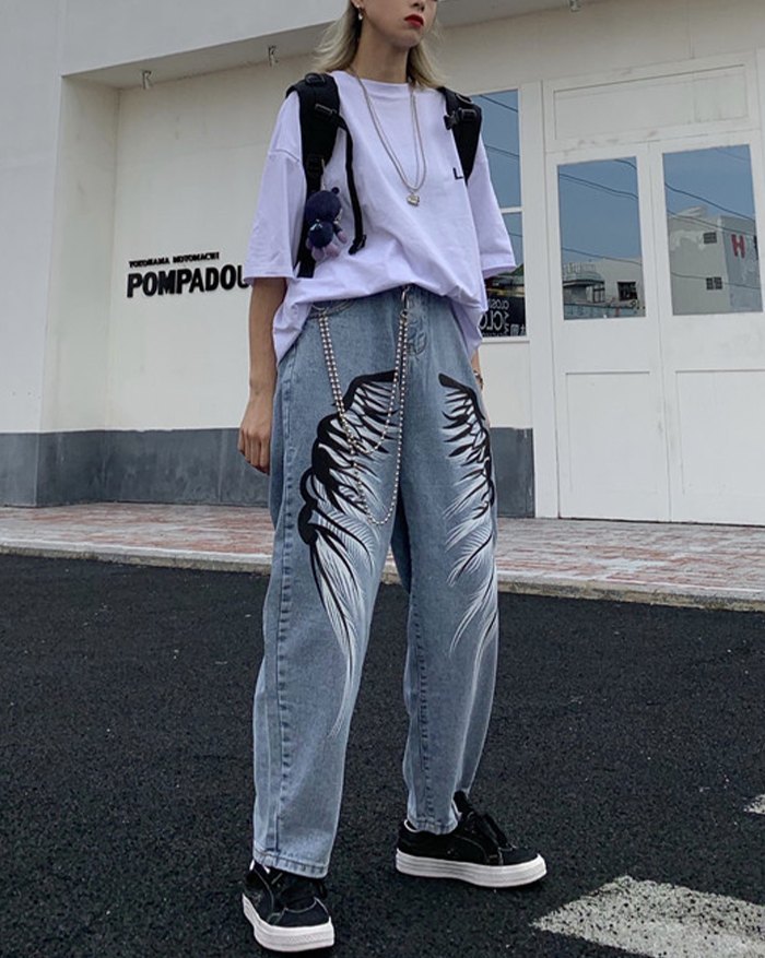 EMMIOL Cowboy Streetwear Wings Pattern Jeans