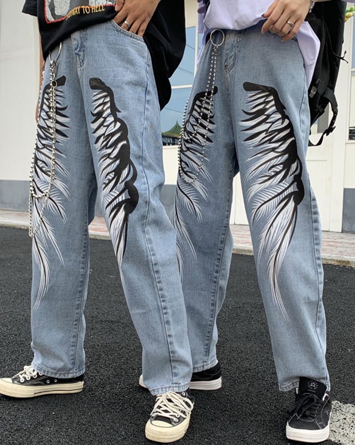 EMMIOL Cowboy Streetwear Wings Pattern Jeans