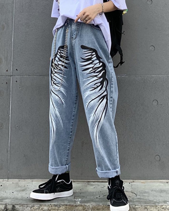 EMMIOL Cowboy Streetwear Wings Pattern Jeans