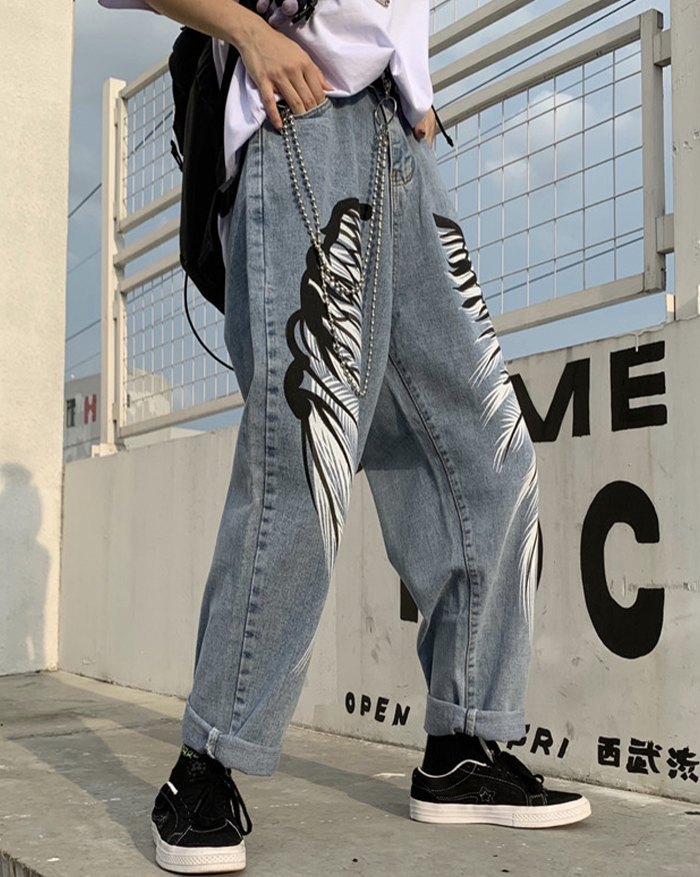 EMMIOL Cowboy Streetwear Wings Pattern Jeans