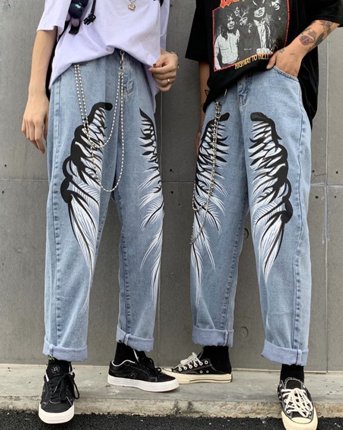 EMMIOL Cowboy Streetwear Wings Pattern Jeans