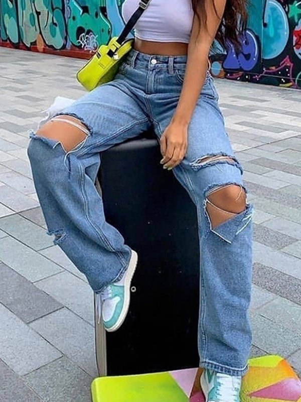 EMMIOL High Waist Ripped Wide Leg Jeans