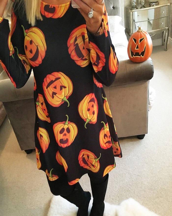 EMMIOL Halloween Kürbis Print Midi Kleid