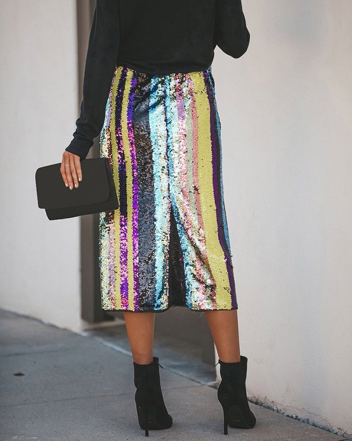 EMMIOL Sequin Striped Midi Skirt