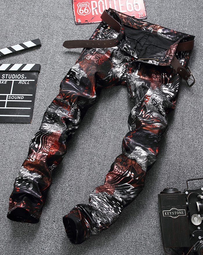 EMMIOL Pantalones estampados de cuero Pu para hombre