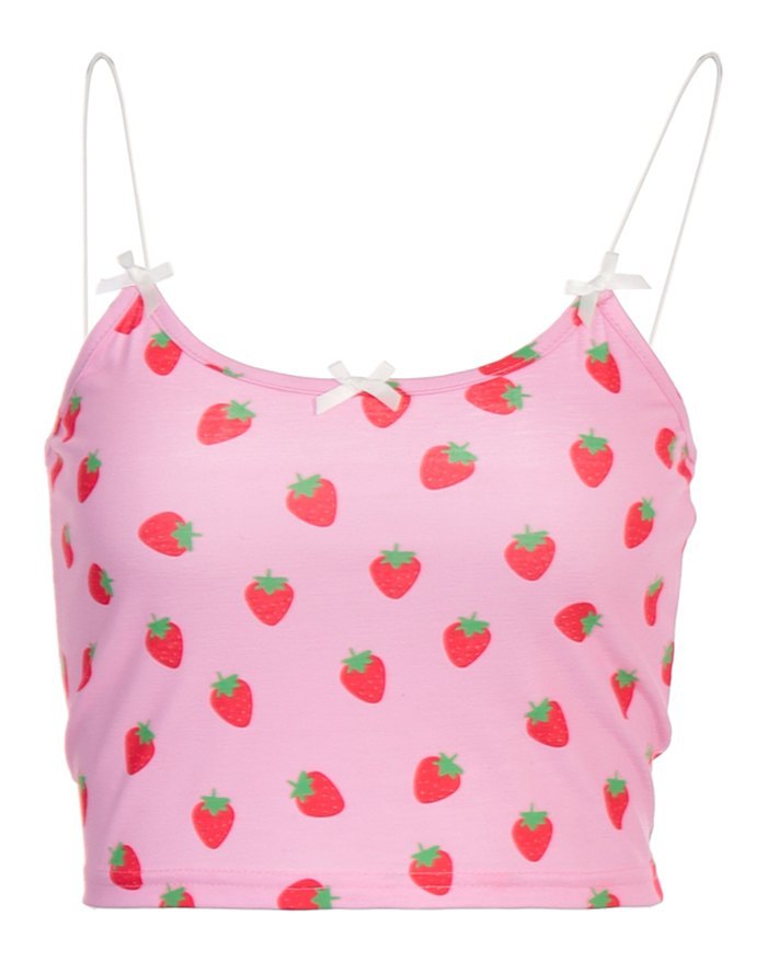 EMMIOL Top de tirantes corto con lazo y estampado de fresas