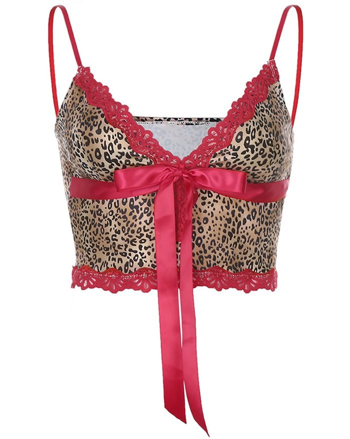 EMMIOL Spitzen-Schleifen-Cami-Top mit Leopardenmuster