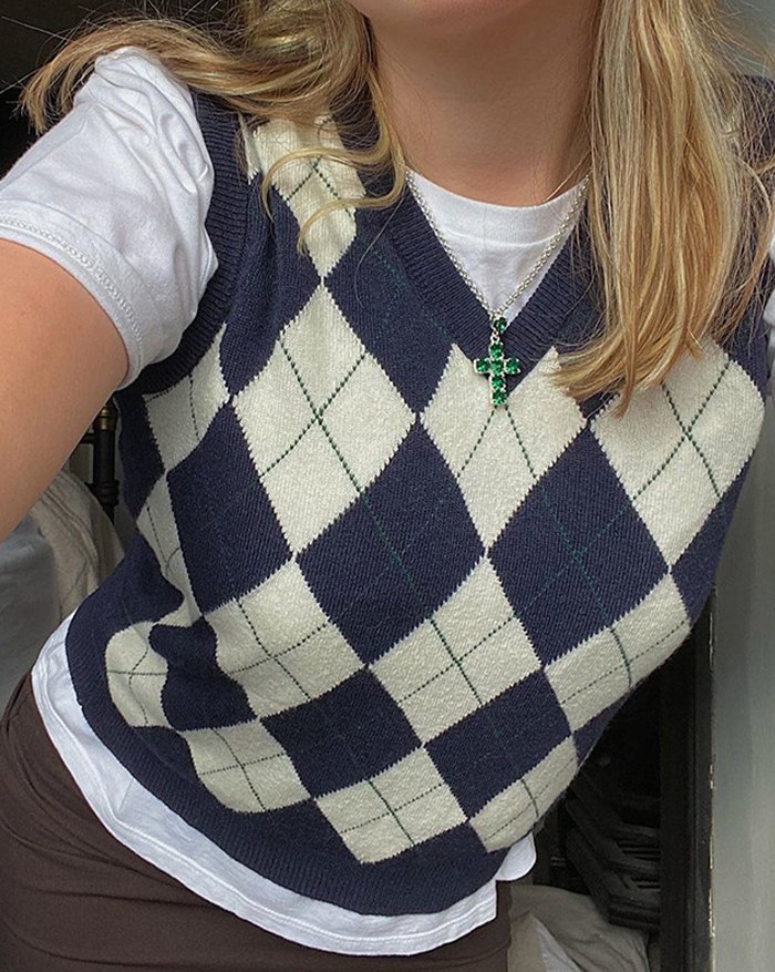 EMMIOL All-match Vintage Argyle Sweater Vest