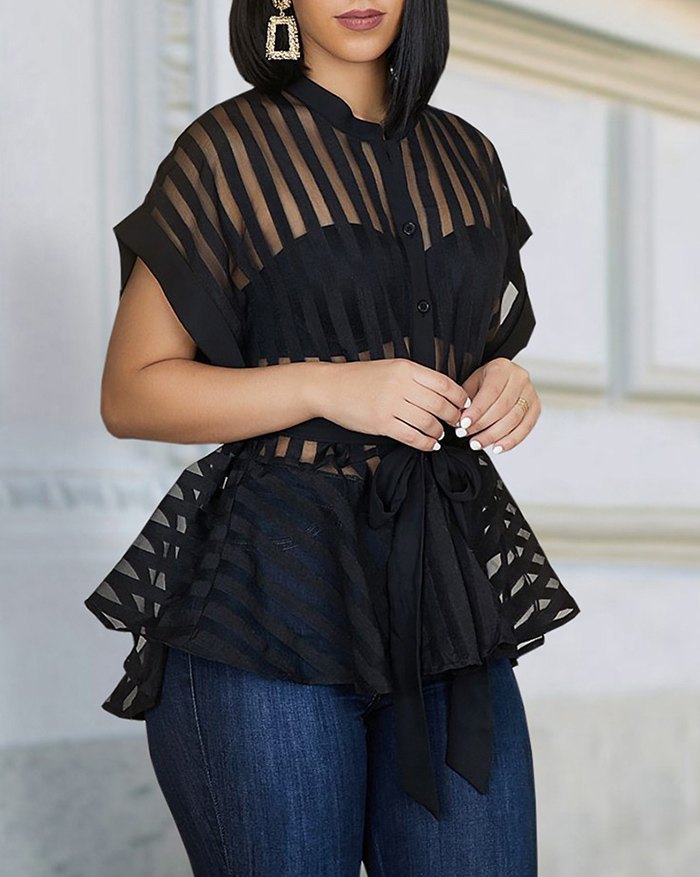 EMMIOL Blusa transparente de malla a rayas