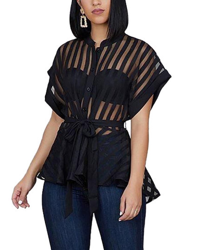 EMMIOL Blusa transparente de malla a rayas