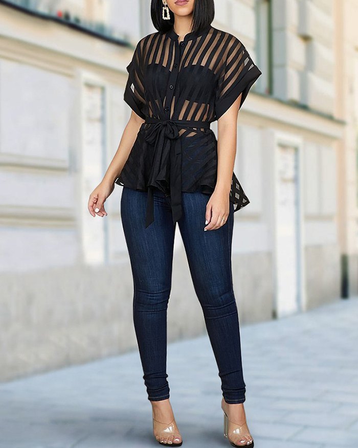 EMMIOL Blusa transparente de malla a rayas