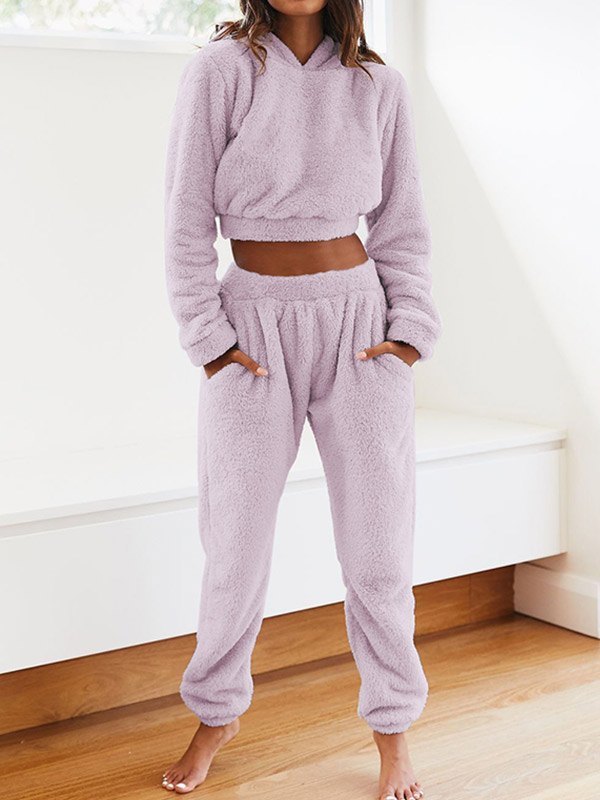 EMMIOL Solid Plush Hooded & Pocket Pants Set