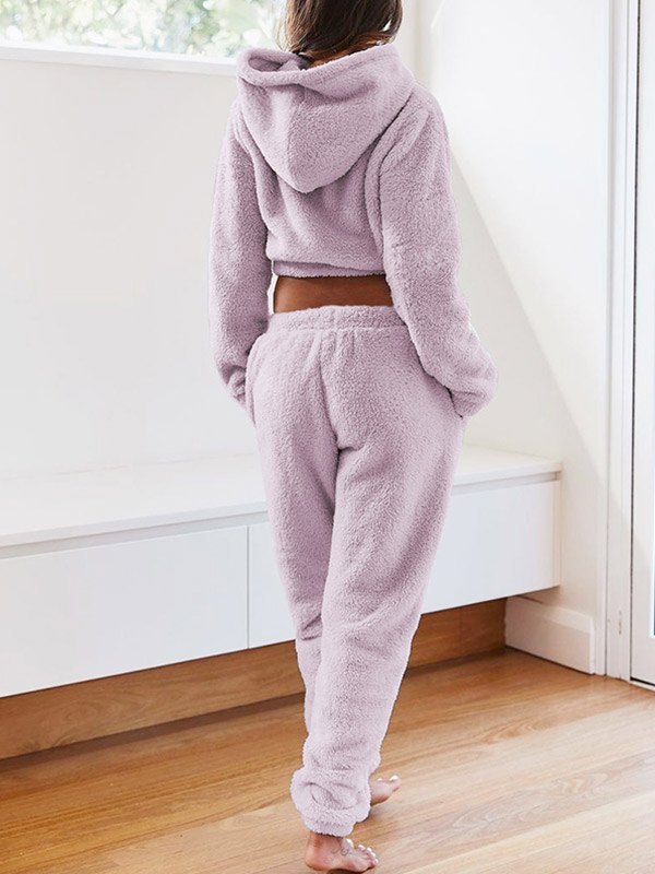 EMMIOL Solid Plush Hooded & Pocket Pants Set