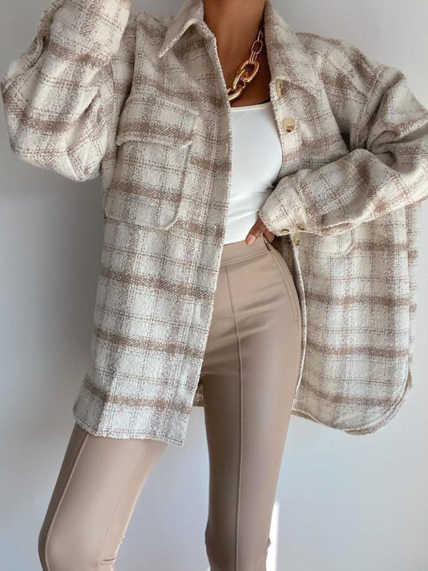 Emmiol Free shipping 2023 Shacket Oversized Apricot Plaid Jacket Apricot XL in Jackets & Coats