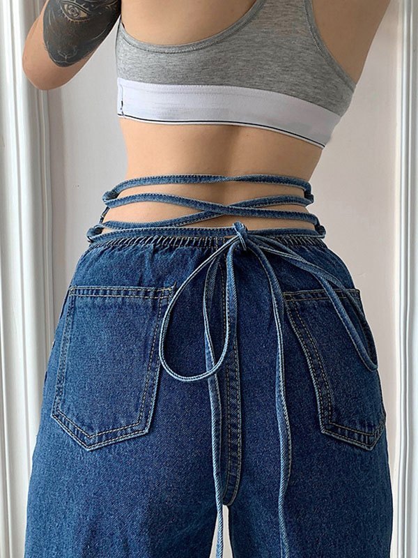 EMMIOL Jeans boyfriend de cintura alta con lazo en la espalda