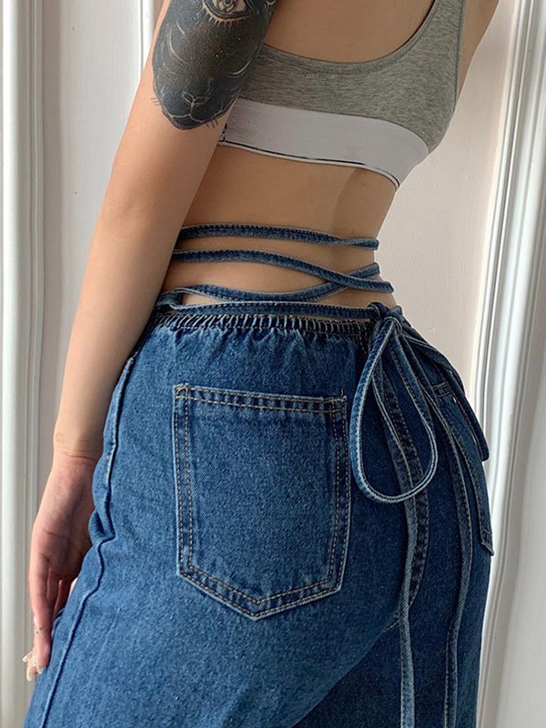 EMMIOL Jeans boyfriend de cintura alta con lazo en la espalda