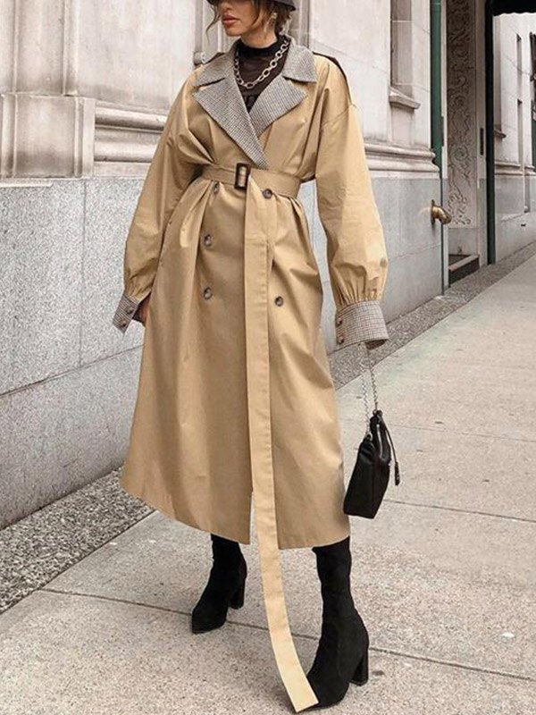 EMMIOL Gabardina a cuadros con cinturón y patchwork