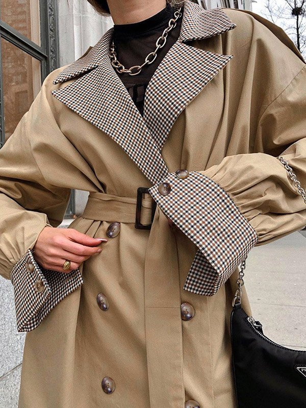 EMMIOL Gabardina a cuadros con cinturón y patchwork