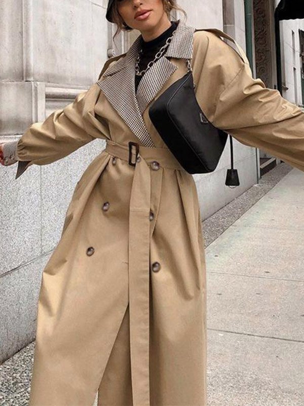 EMMIOL Plaid Patchwork Belted Trench Coat