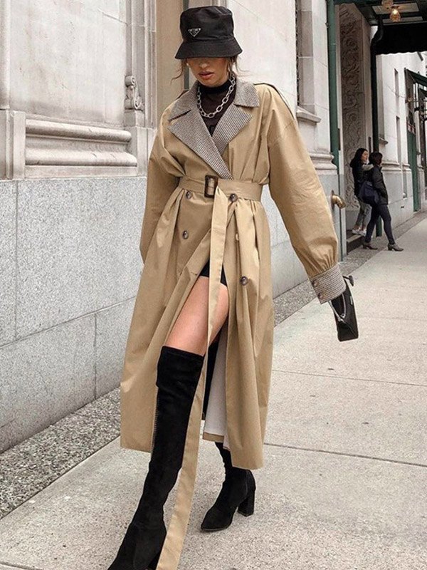EMMIOL Gabardina a cuadros con cinturón y patchwork