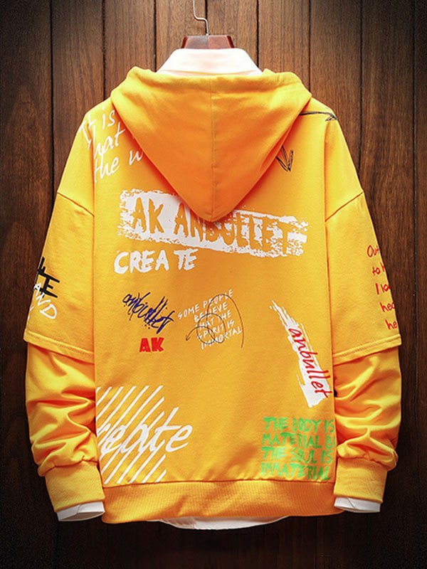 Emmiol Free shipping 2024 Men's Printed Patchwork Hoodie Yellow S in Hoodies online store. EMMIOL