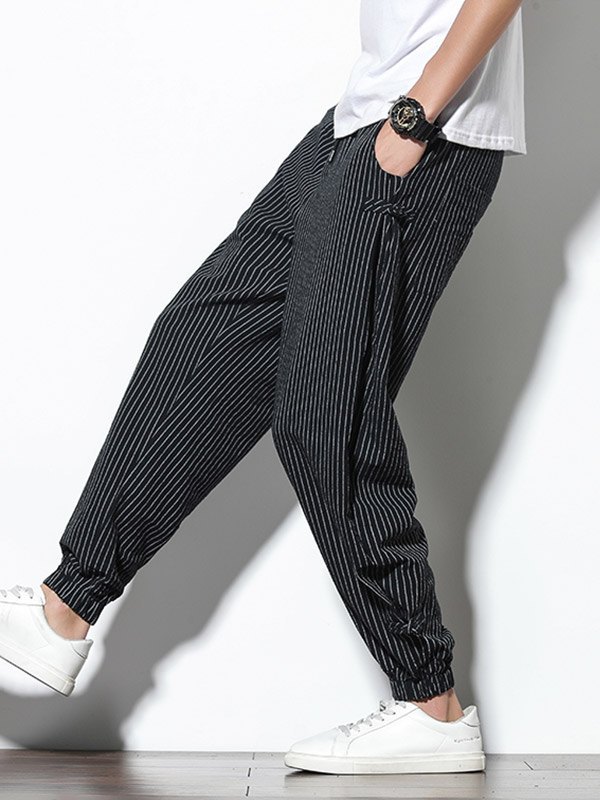 EMMIOL Men's Cotton Linen Striped Tapered Pants