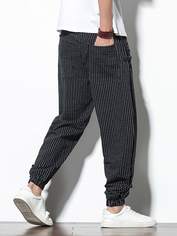 EMMIOL Men's Cotton Linen Striped Tapered Pants