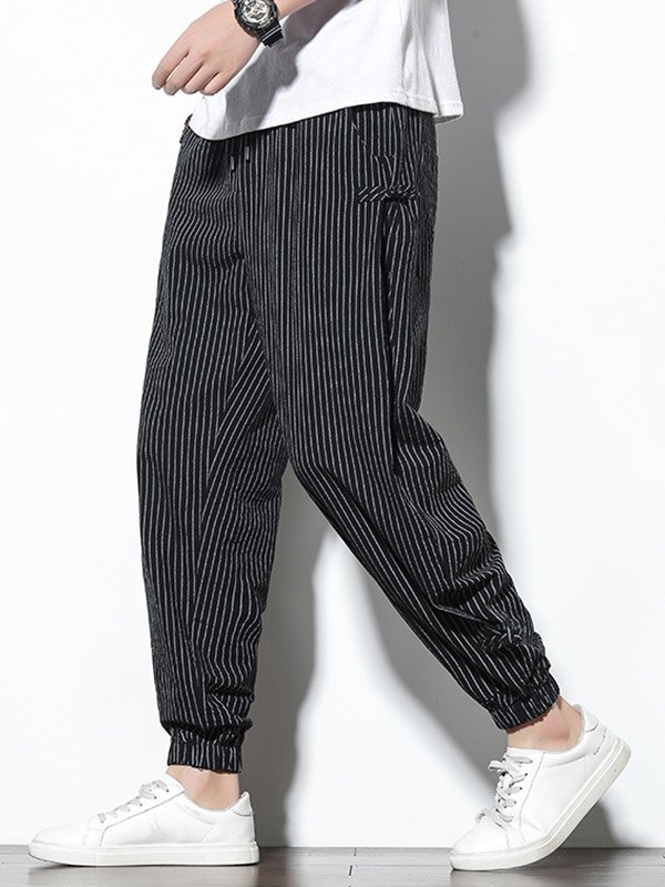 EMMIOL Men's Cotton Linen Striped Tapered Pants