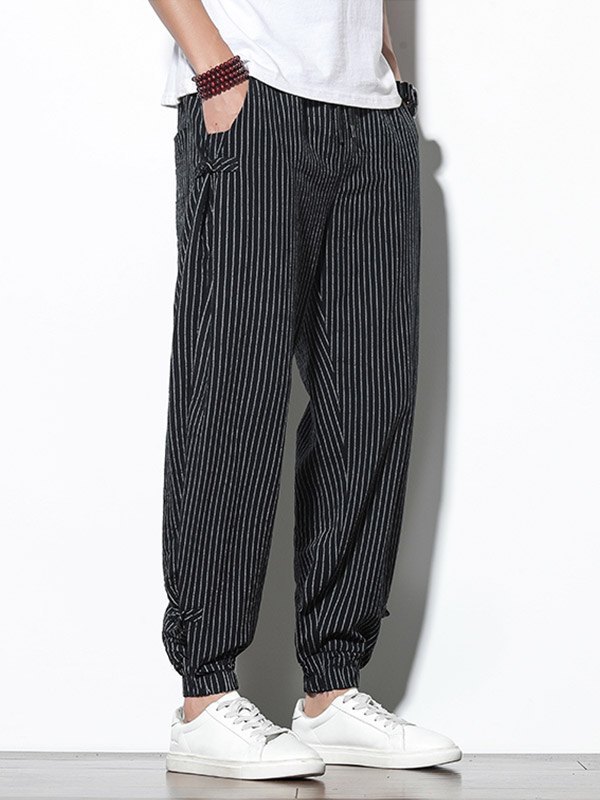 EMMIOL Men's Cotton Linen Striped Tapered Pants