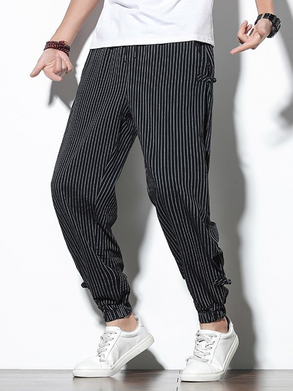 EMMIOL Men's Cotton Linen Striped Tapered Pants