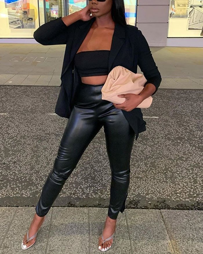 EMMIOL Pu Leather High Waist Slit Pants