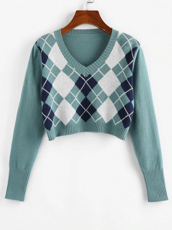 EMMIOL Argyle V Neck Crop Sweater