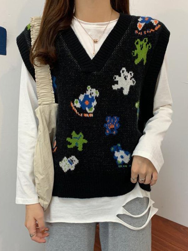 EMMIOL Cute Bear Jacquard Sweater Vest