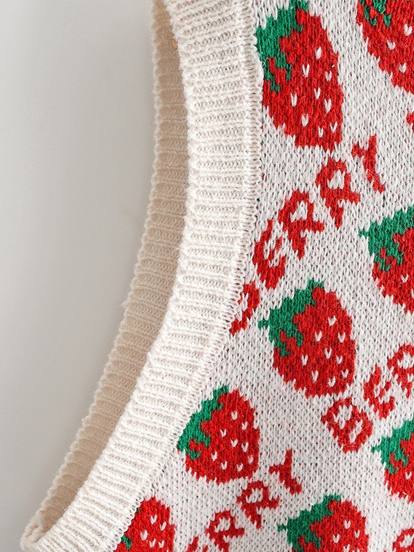 EMMIOL Strawberry Jacquard V Neck Sweater Weste