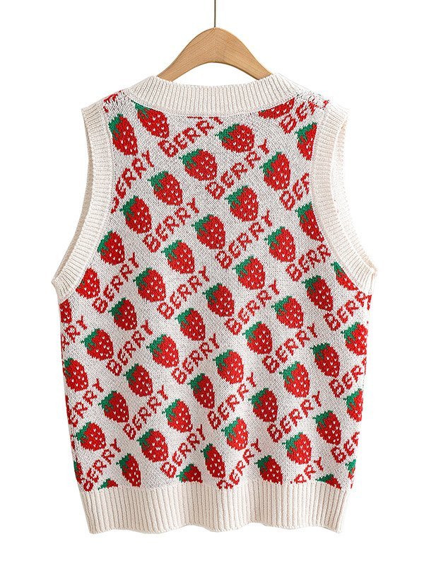 EMMIOL Strawberry Jacquard V Neck Sweater Vest
