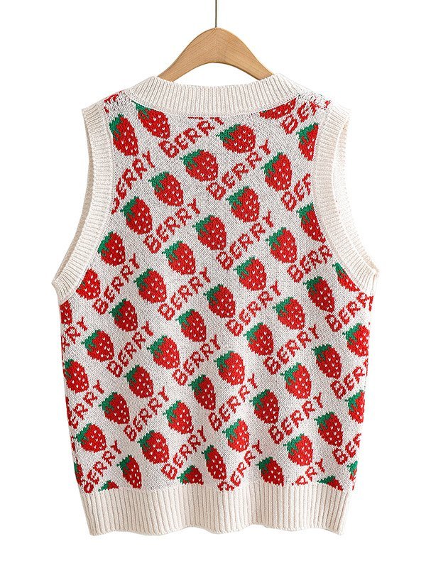 EMMIOL Strawberry Jacquard V Neck Sweater Vest